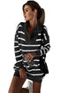 Striped O-Ring Zip Front Collared Drop Shoulder Long Sleeve Sweater Dress